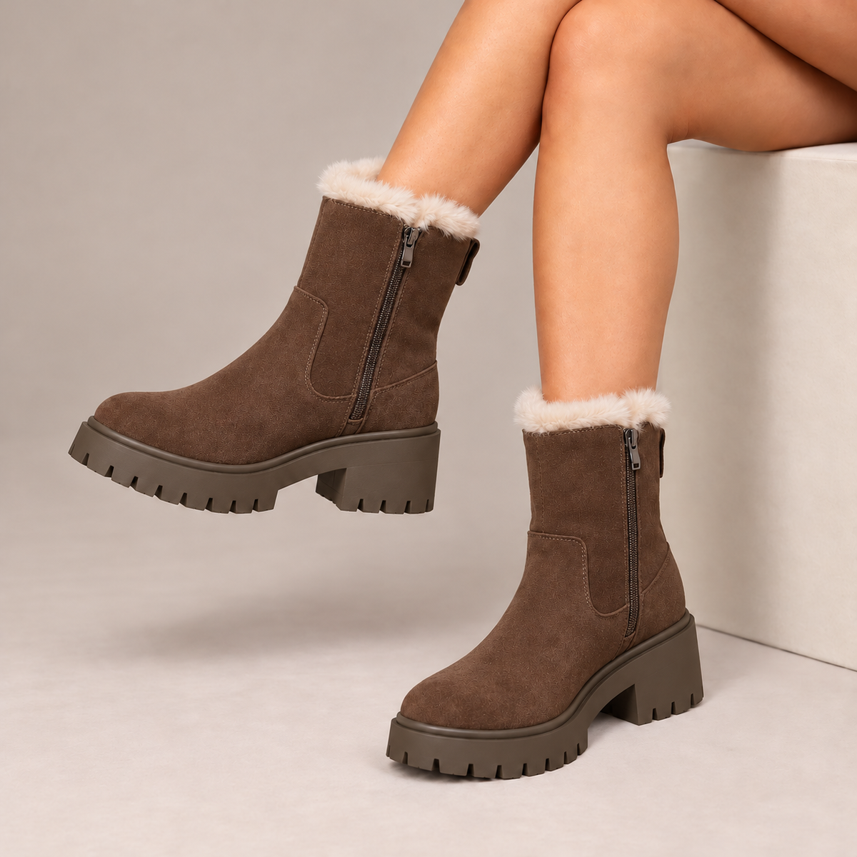 Elodie™ | Plush-Lined Platform Ankle Boots in Brown, worn in a beige studio