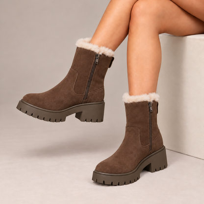 Elodie™ | Plush-Lined Platform Ankle Boots in Brown, worn in a beige studio