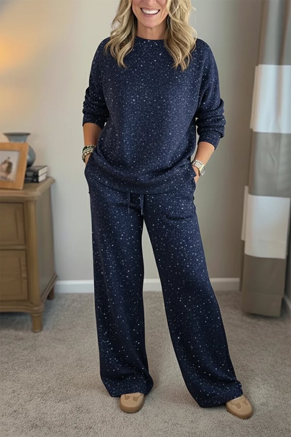 Amy | Shiny Casual Two-Piece Set for Women — Trousers and Top with Round Neck