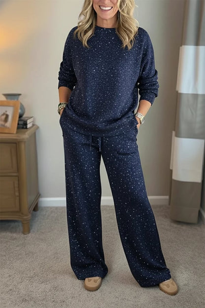 Amy | Shiny Casual Two-Piece Set for Women — Trousers and Top with Round Neck
