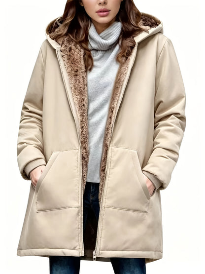 Winterjas in Europese & Amerikaanse stijl met capuchon en voering, rits, dubbele zakken, effen kleur, halflang, warme bovenkleding