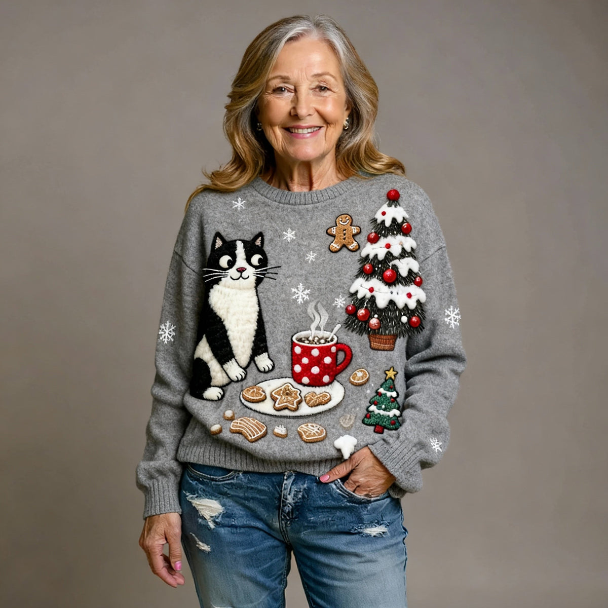 ELSIE | COMFORTABLE FLANNEL JUMPER WITH RETRO CHRISTMAS ANIMAL ART PRINT FOR WOMEN