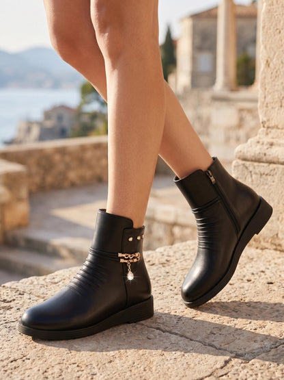 Seraphina™ | Ruched Jewel-Chain Wedge Ankle Boots