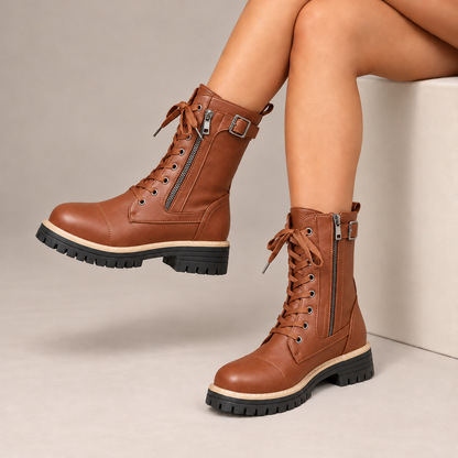 Henrietta™ | Lace-Up Side-Zip Combat Boots in Cognac, worn in a beige studio