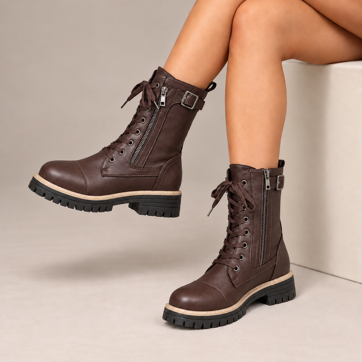 Henrietta™ | Lace-Up Side-Zip Combat Boots in Dark Brown, worn in a beige studio