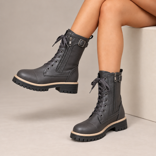 Henrietta™ | Lace-Up Side-Zip Combat Boots in Grey, worn in a beige studio