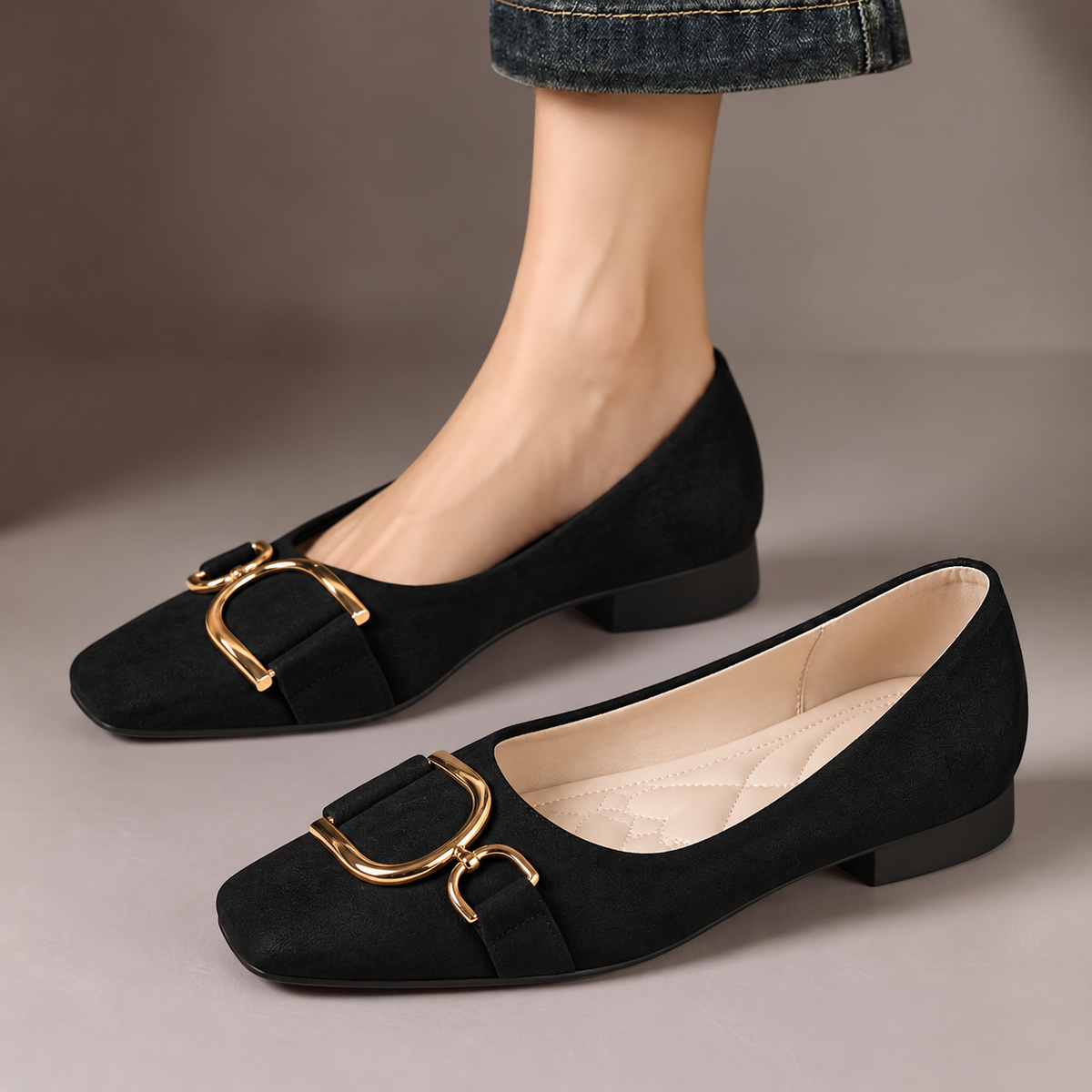 Iris™ | Square-Toe Buckle Ballet Flats — one worn shoe and one matching shoe in a taupe studio