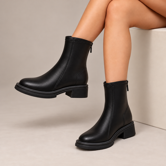 Isadora™ | Back-Zip Block Heel Ankle Boots worn in a beige studio