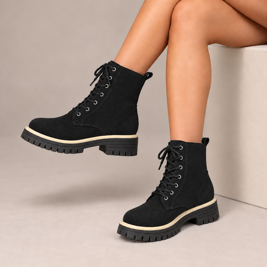 Juniper™ | Suede-Look Lace-Up Platform Boots in Black, worn in a beige studio