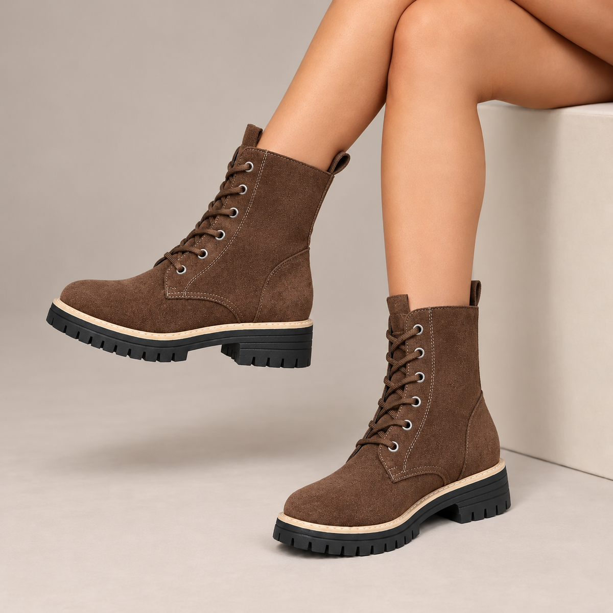 Juniper™ | Suede-Look Lace-Up Platform Boots in Brown, worn in a beige studio