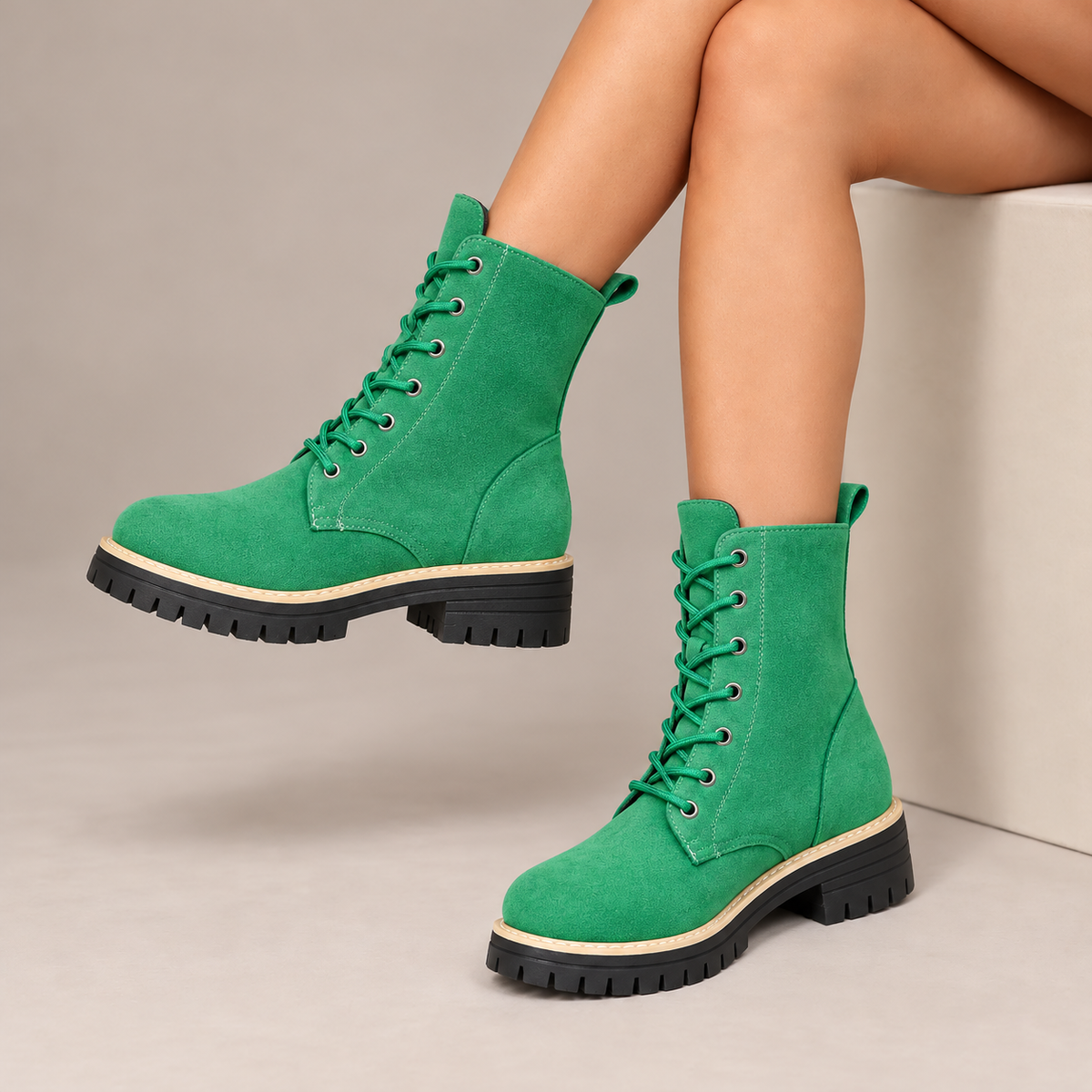 Juniper™ | Suede-Look Lace-Up Platform Boots in Emerald, worn in a beige studio