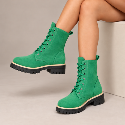 Juniper™ | Suede-Look Lace-Up Platform Boots in Emerald, worn in a beige studio
