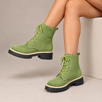 Juniper™ | Suede-Look Lace-Up Platform Boots in Moss Green, worn in a beige studio