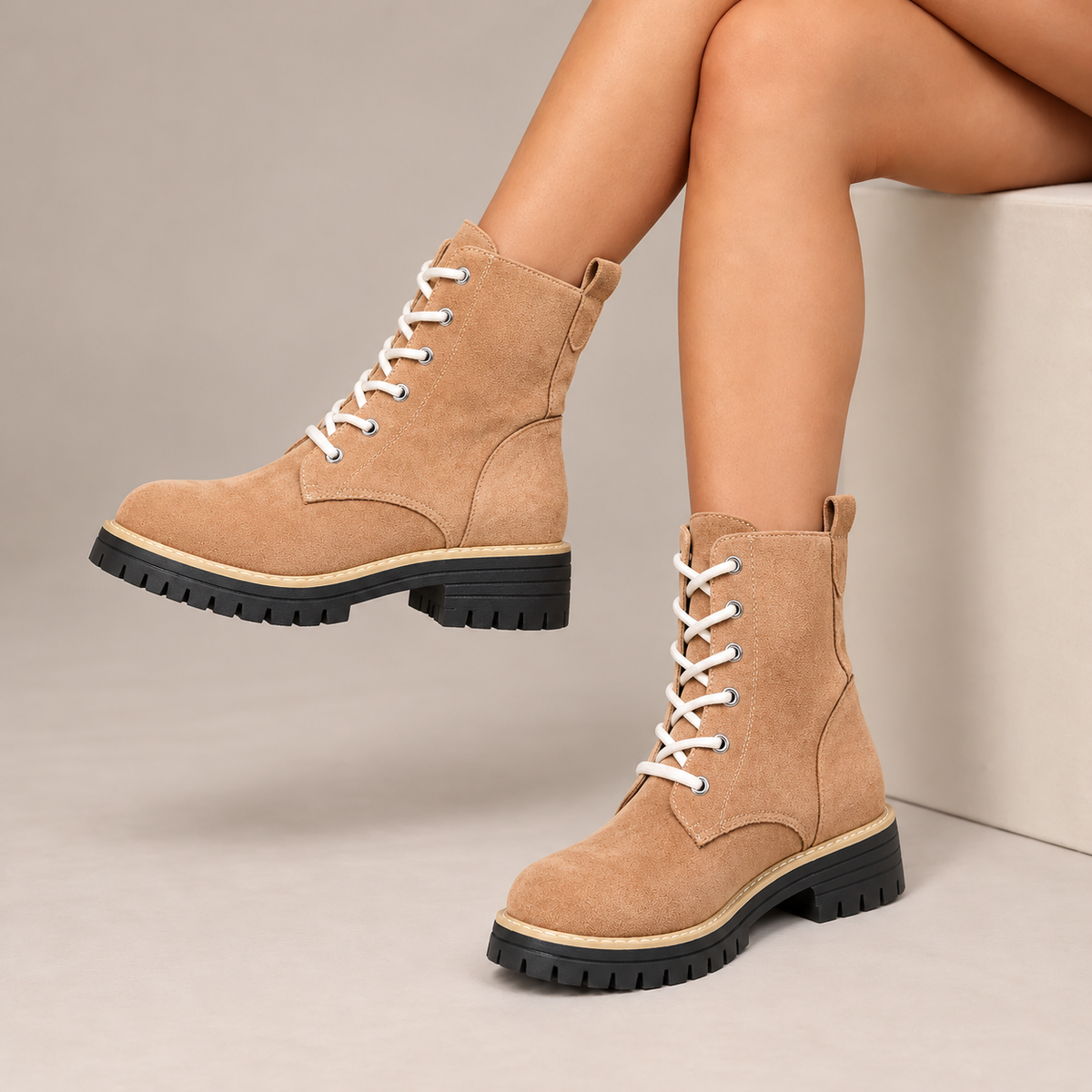 Juniper™ | Suede-Look Lace-Up Platform Boots in Sand, worn in a beige studio