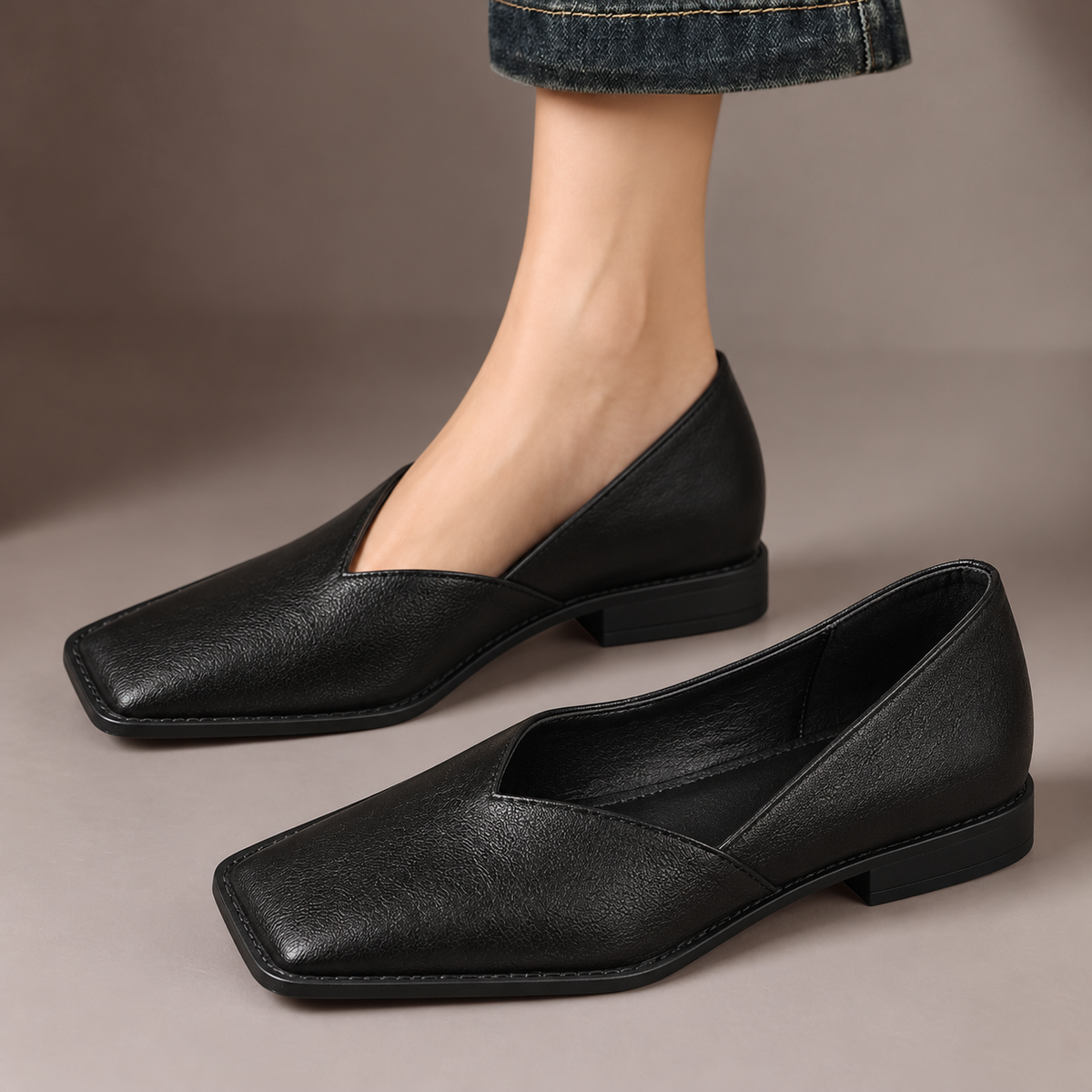 Lavinia™ | Sculpted Square-Toe Flats — one worn shoe and one matching shoe in a taupe studio