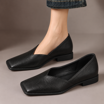 Lavinia™ | Sculpted Square-Toe Flats — one worn shoe and one matching shoe in a taupe studio