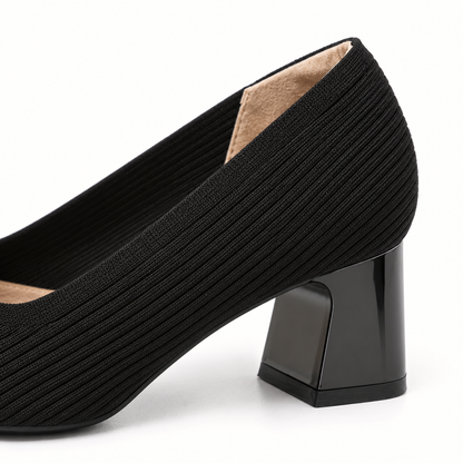 Close-up of Mariella black ribbed-knit fabric and glossy square heel