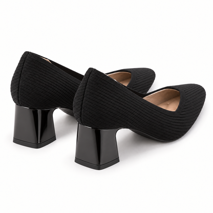 Mariella black ribbed-knit court shoes, rear three-quarter view of the pair and square heels