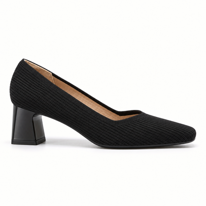 Mariella black ribbed-knit court shoe in side profile on a white studio background