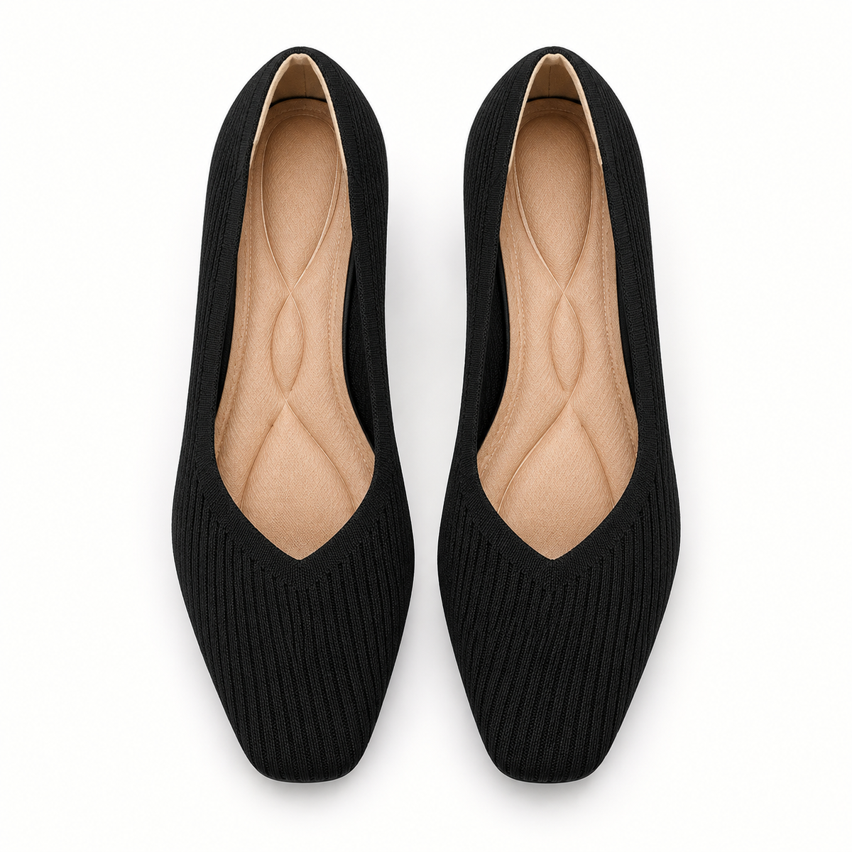 Mariella black ribbed-knit court shoes, overhead view showing the pair and tan insoles