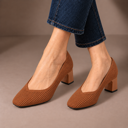Mariella brown ribbed knit court shoes with square heels, worn with dark jeans in a taupe studio