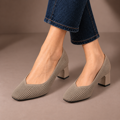 Mariella dark apricot ribbed knit court shoes with square heels, worn with dark jeans in a taupe studio