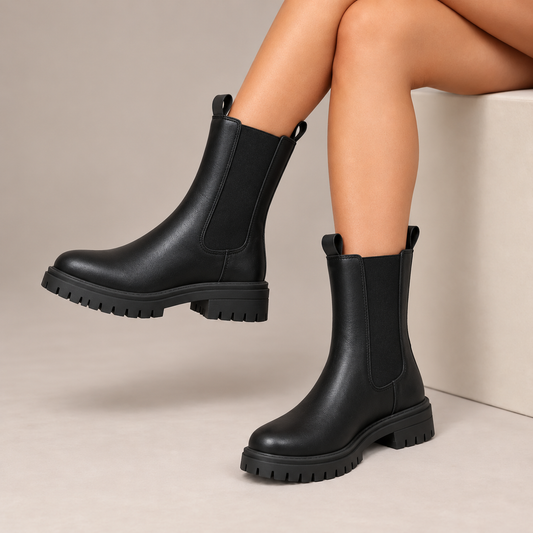 Ophelia™ | Chunky Sole Chelsea Boots worn in a beige studio