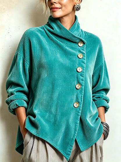 Chic High Funnel Neck Asymmetric Corduroy Top