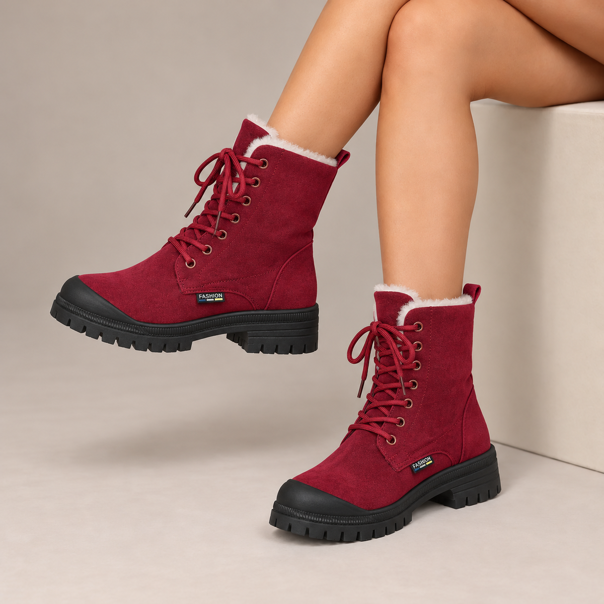 Rosalind™ | Plush-Lined Lace-Up Snow Boots in Burgundy, worn in a beige studio