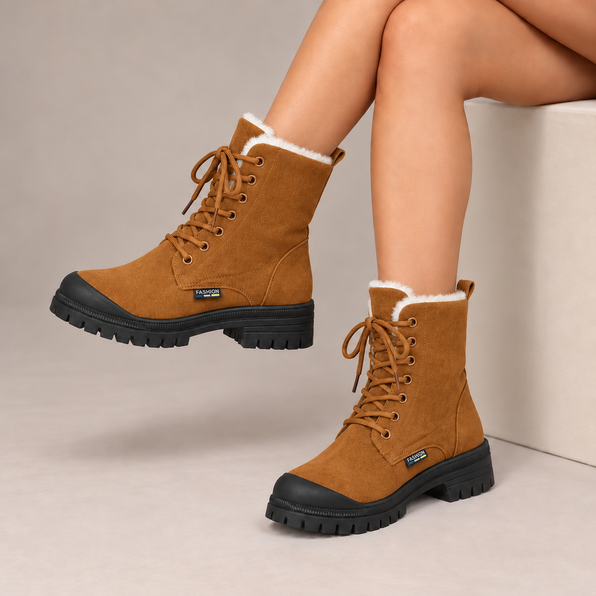 Rosalind™ | Plush-Lined Lace-Up Snow Boots in Tan, worn in a beige studio