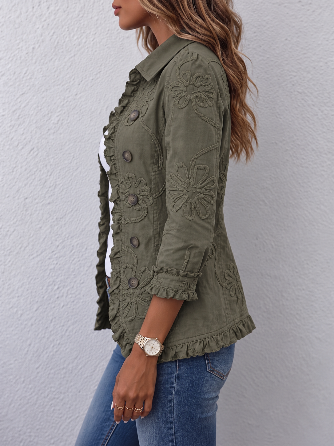 Kamberly™ | Boho-Chic Floral Utility Ruffled Trim Jacket