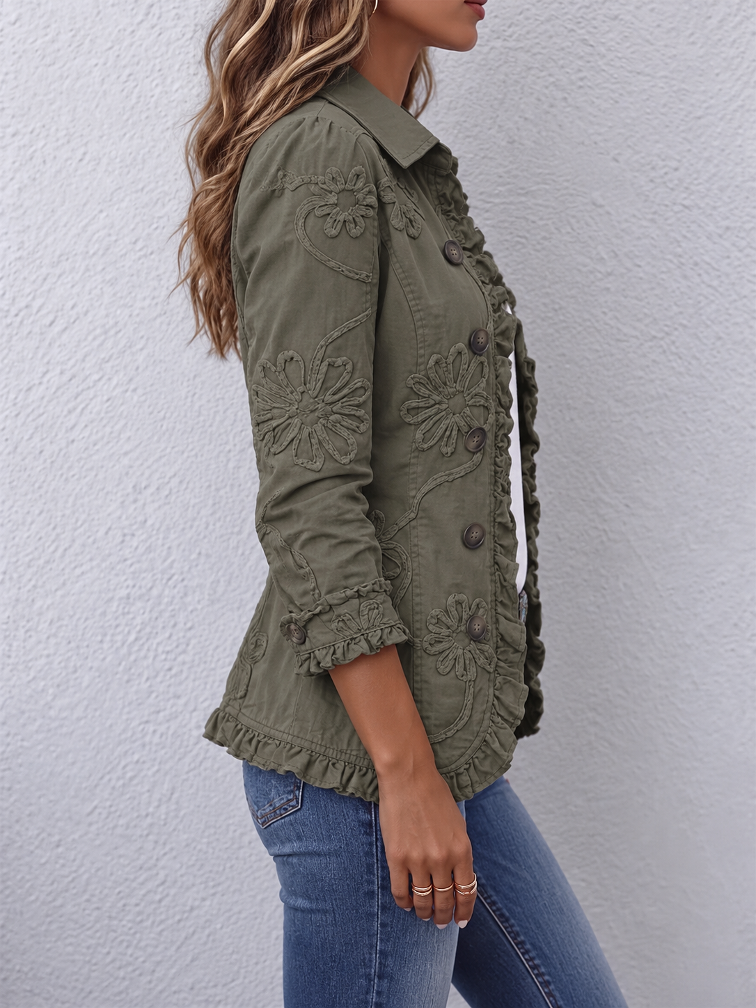 Kamberly™ | Boho-Chic Floral Utility Ruffled Trim Jacket