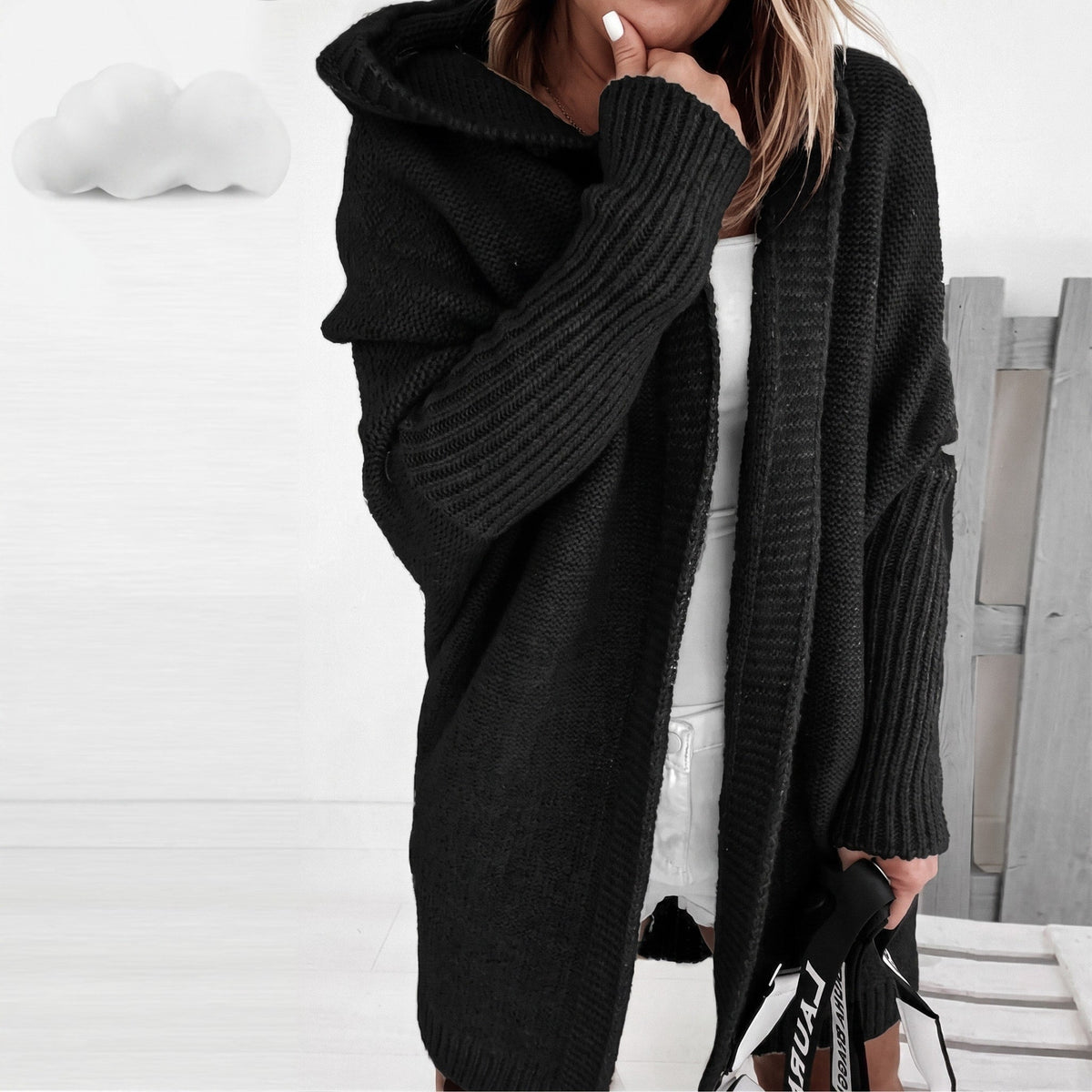 Halston Women's Oversized Hooded Cardigan with Batwing Sleeves