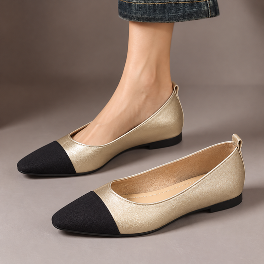 Sylvia™ | Two-Tone Pointed Ballet Flats — one worn shoe and one matching shoe in a taupe studio