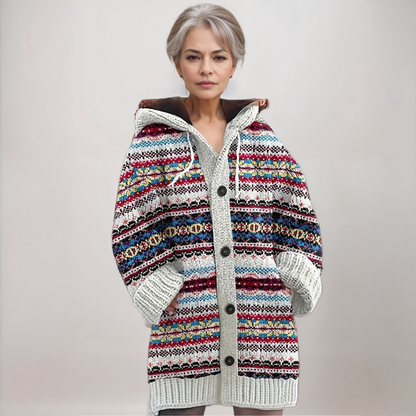 Women's Knitted Hooded Cardigan with Fair Isle Pattern