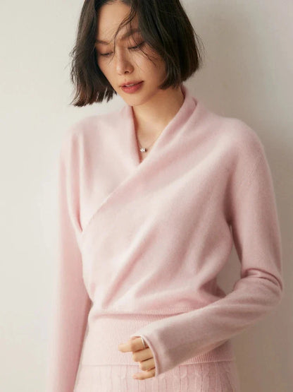 Women's Cashmere Sweater | Crossover Collar Long Sleeve