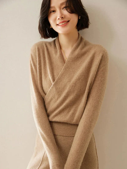 Women's Cashmere Sweater | Crossover Collar Long Sleeve