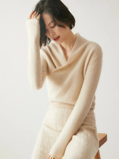 Women's Cashmere Sweater | Crossover Collar Long Sleeve