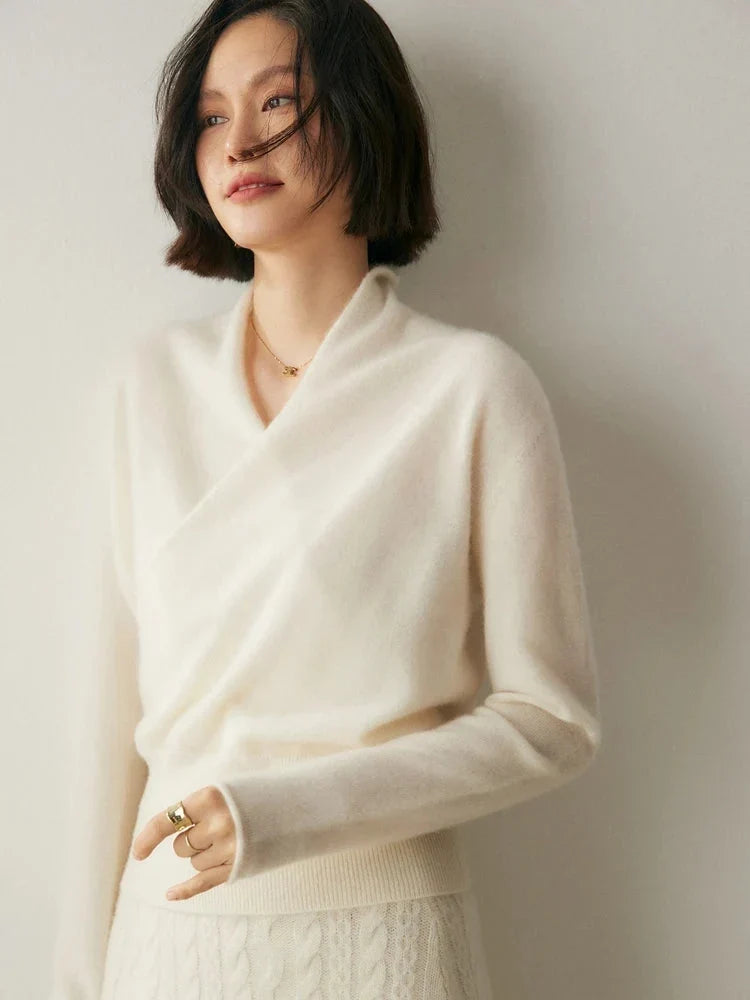 Women's Cashmere Sweater | Crossover Collar Long Sleeve