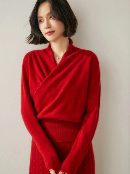 Women's Cashmere Sweater | Crossover Collar Long Sleeve