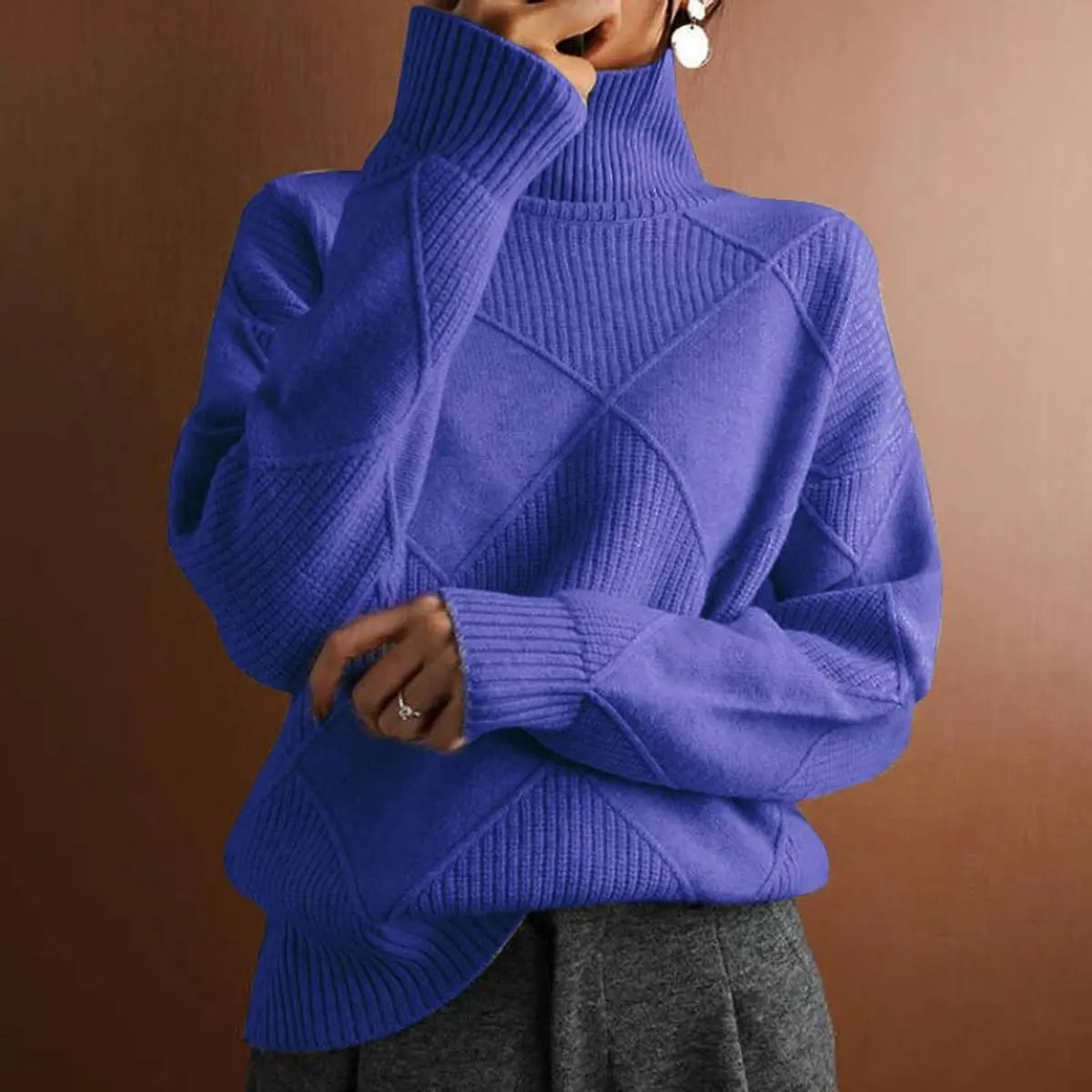 Burlington Women's Argyle Knit Turtleneck Sweater Relaxed Fit Jumper