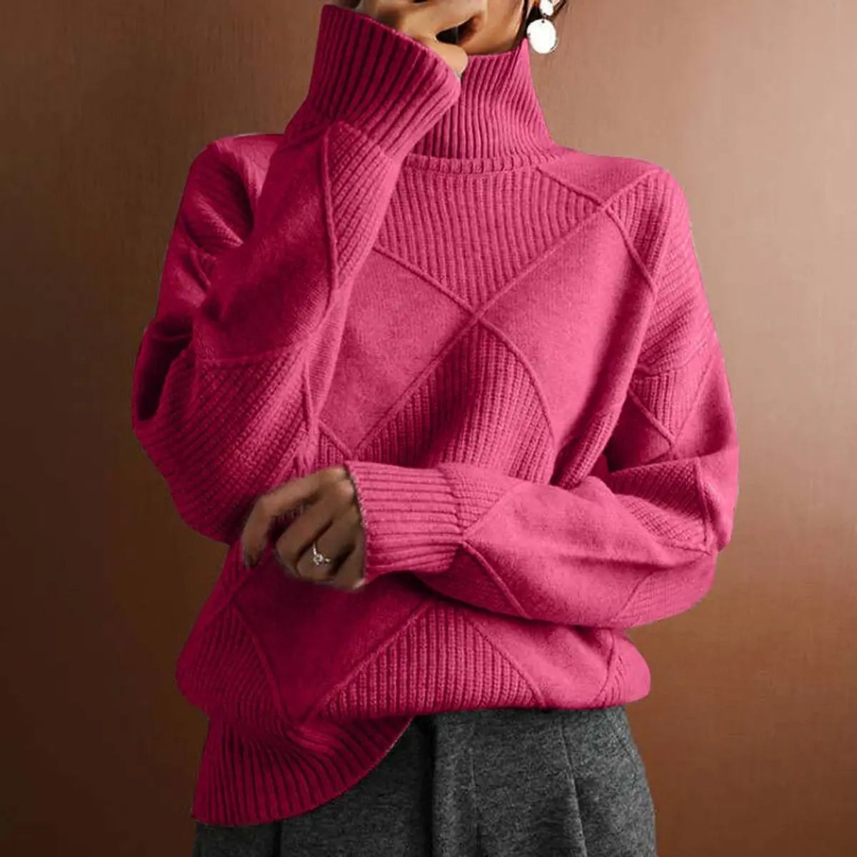 Burlington Women's Argyle Knit Turtleneck Sweater Relaxed Fit Jumper