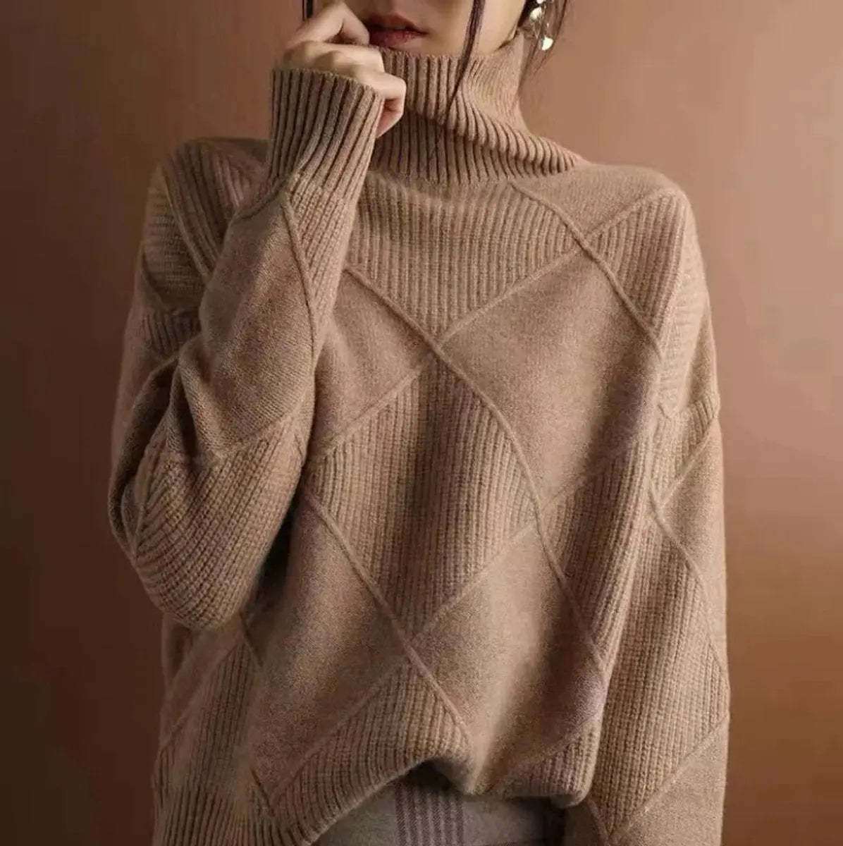 Burlington Women's Argyle Knit Turtleneck Sweater Relaxed Fit Jumper