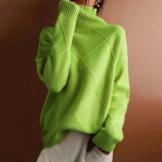 Burlington Women's Argyle Knit Turtleneck Sweater Relaxed Fit Jumper