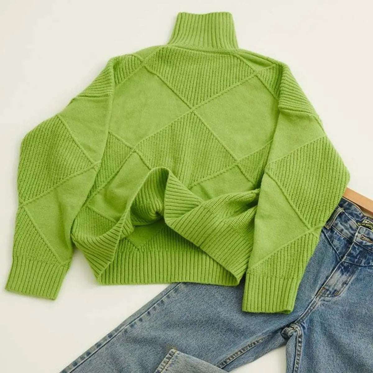 Burlington Women's Argyle Knit Turtleneck Sweater Relaxed Fit Jumper