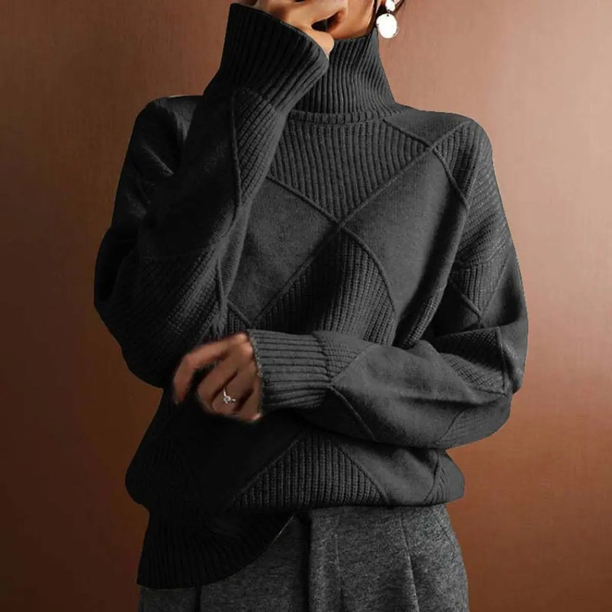 Burlington Women's Argyle Knit Turtleneck Sweater Relaxed Fit Jumper