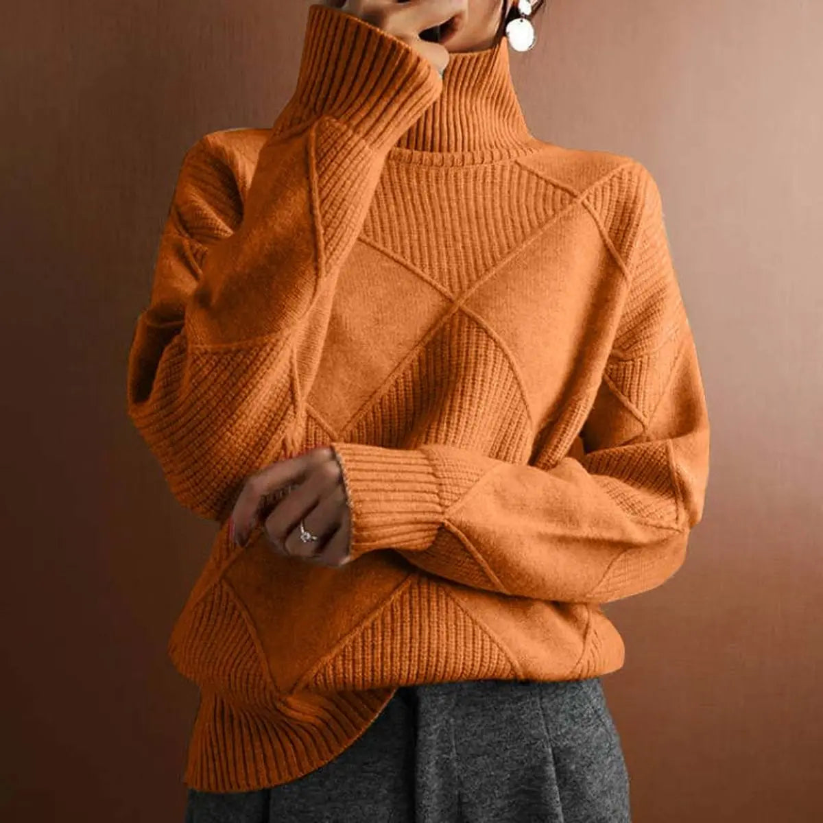 Burlington Women's Argyle Knit Turtleneck Sweater Relaxed Fit Jumper