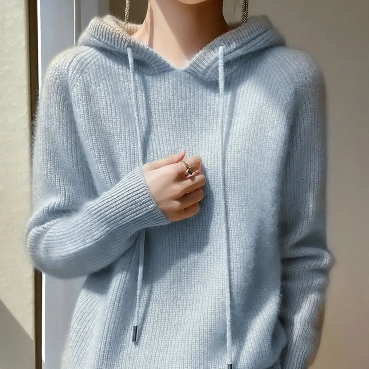 Charlton Women's Cashmere Mink Blend Hooded Knit Jumper Drawstring Hood