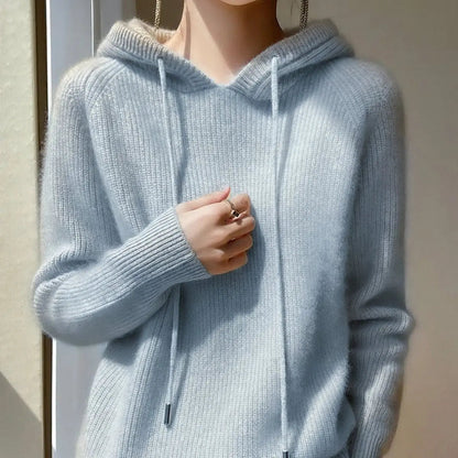 Charlton Women's Cashmere Mink Blend Hooded Knit Jumper Drawstring Hood