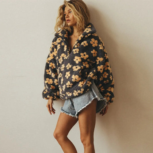 Braxton Women's Floral Sherpa Fleece Oversized Half-Zip Pullover Sweater